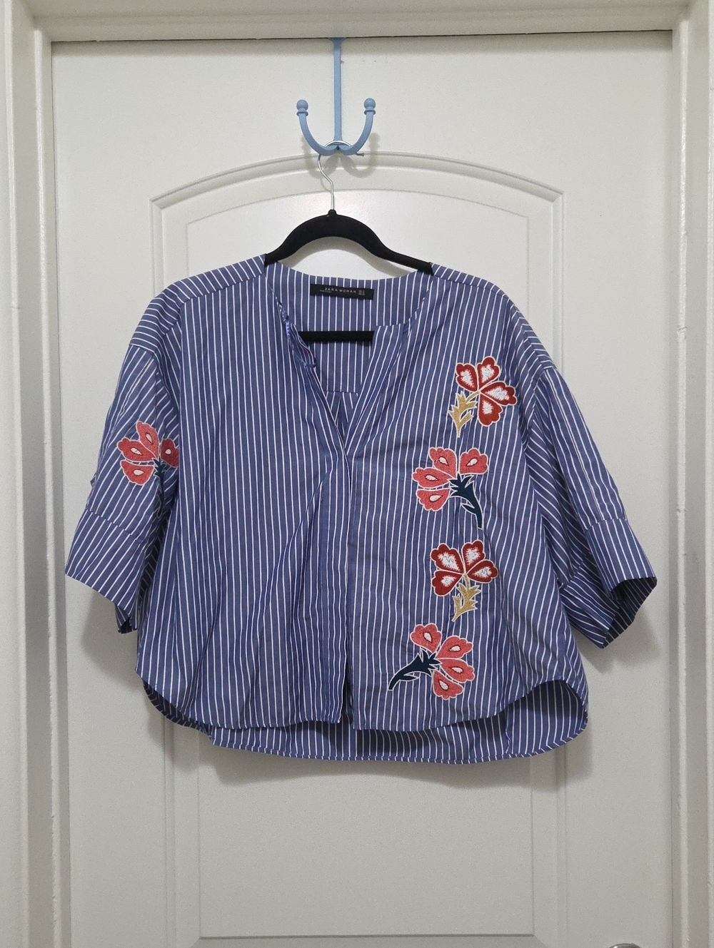 Zara Blue and White Striped Tunic with Red Floral Embroidery